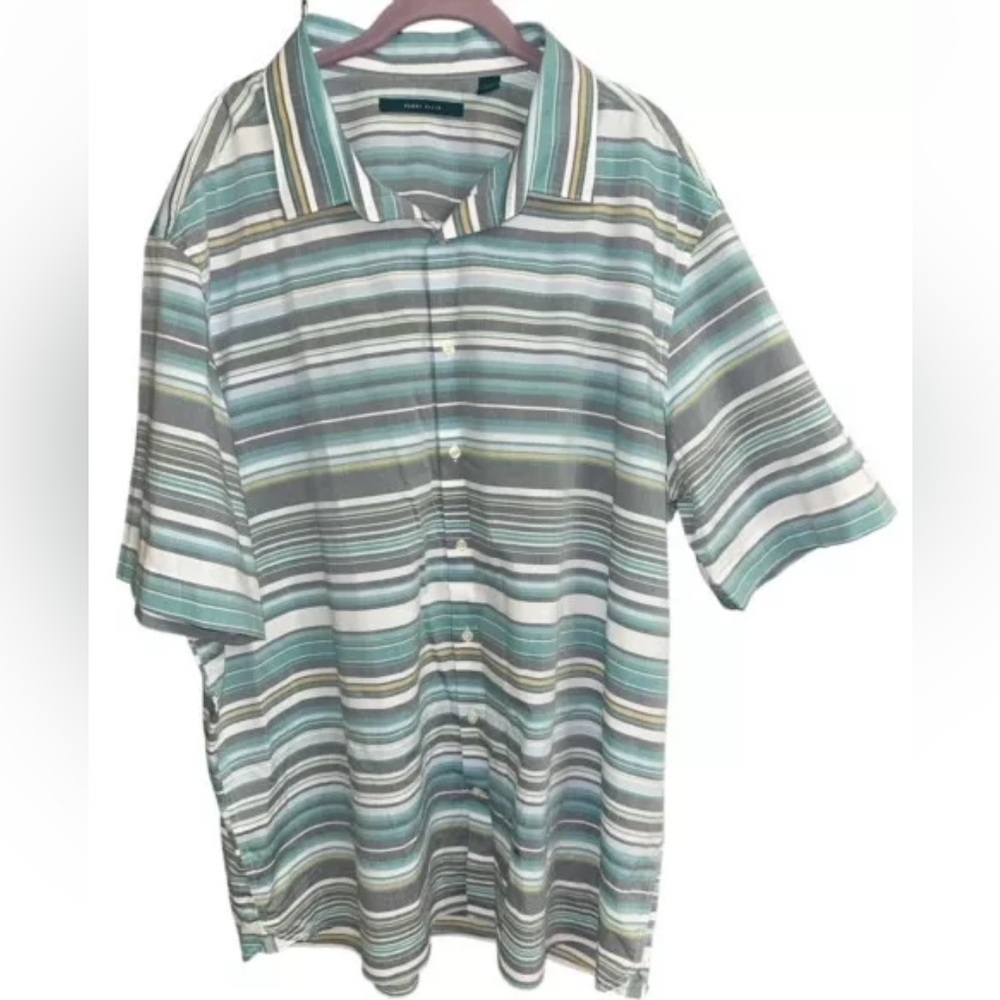 Perry Ellis Shirt size 2XLT Green & Gray Stripe Cotton Short Sleeve 2X Long Tall